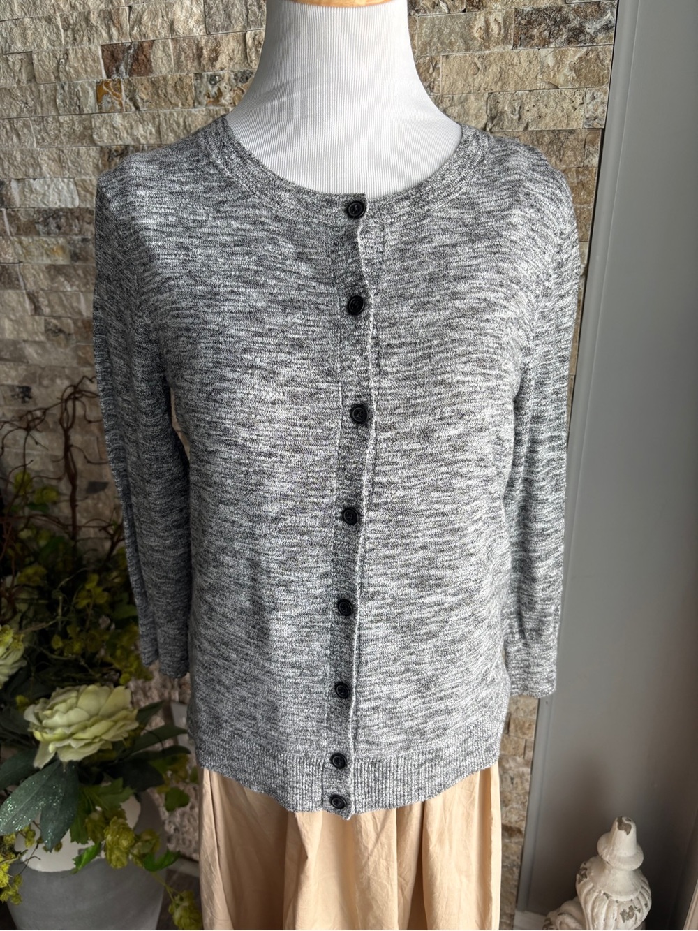 LOFT Gray Marled Button-Front Crewneck Cardigan
